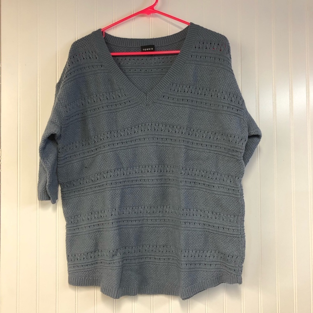 Torrid Blue/Gray 3/4 Sleeve Loose Knit Pointelle Sweater Size 2 2X VNeck